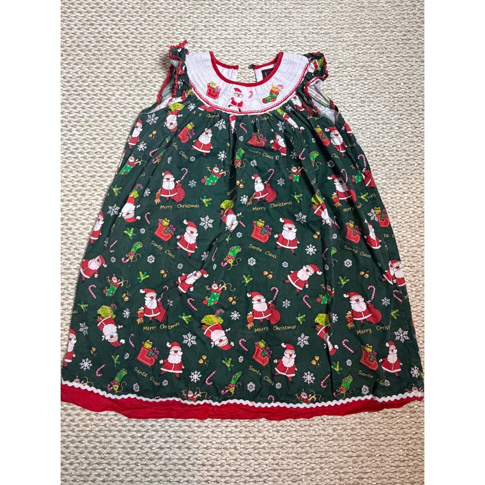 Lil Cactus Girls Green Santa Claus Smocked Christmas Dress Size 6Y Cottagecore